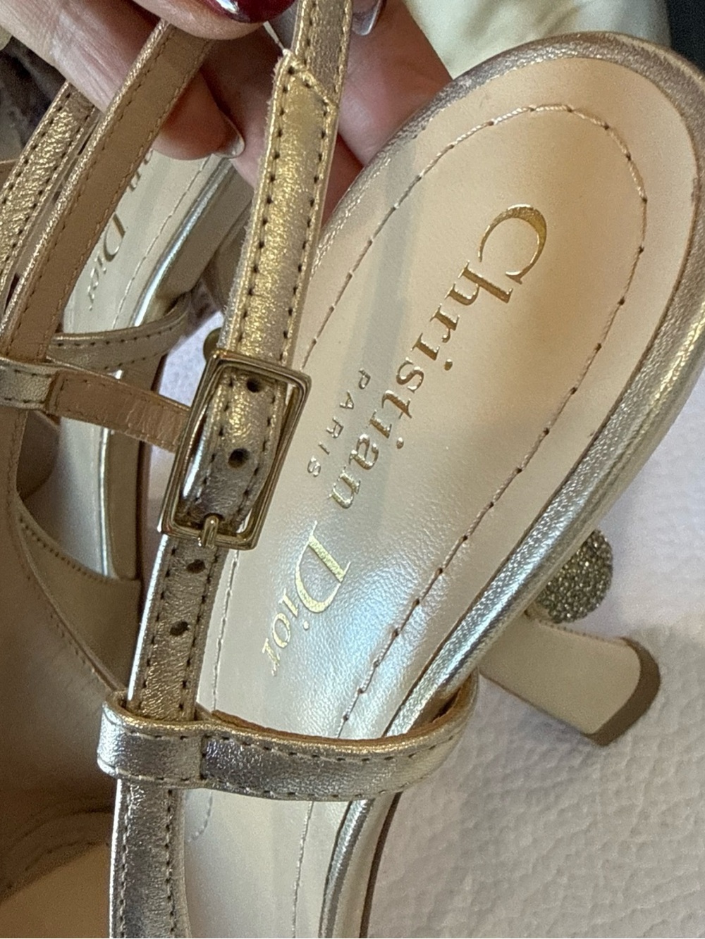 Dior Metallic Gold Pointed Slingback Heels with Crystal Heel Accent - Picture 9 of 12